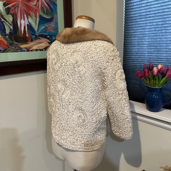 Ribbon Knit Jacket with Mink Collar by Projansky c1960s Gorgeous! Fits Sz M-L - Picture 6 of 16